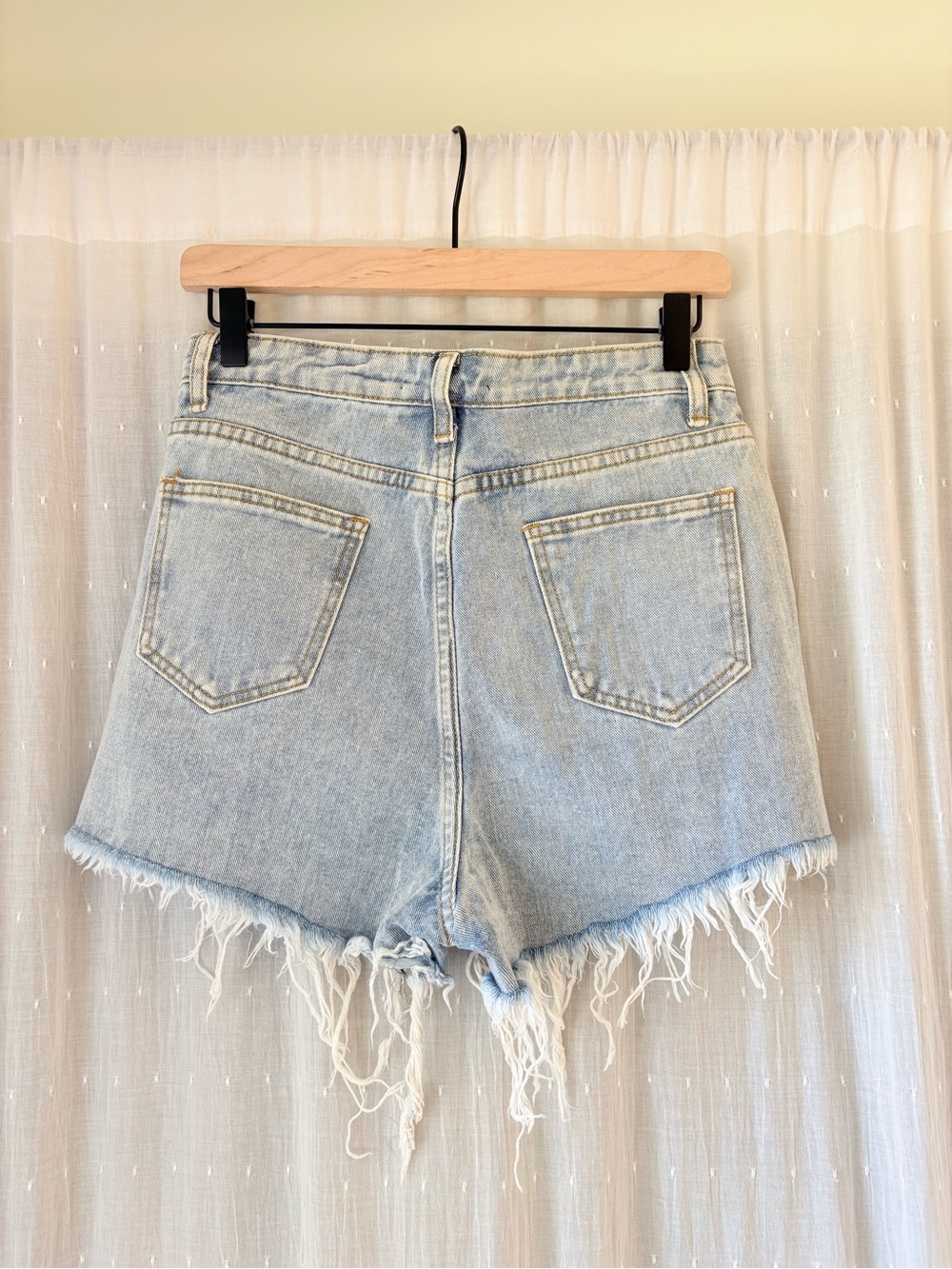 Crystal-Embellished Light Blue Denim Fringe Shorts - Picture 3 of 6